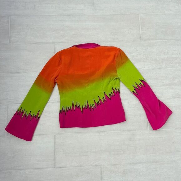Jendo 100% Silk Blazer Neon Unique Party Zig Zag 80s Multicolor Bell Sleeves S - Picture 7 of 10